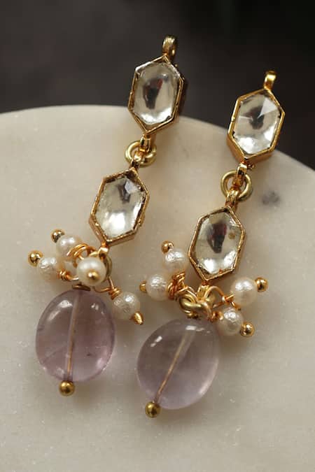 Shop Do Taara Purple Pearls, Gota Patti Tinisha Geometric Kundan Vine Earrings at Aza Fashions Shop_Do Taara_Purple Pearls, Gota Patti Tinisha Geometric Kundan Vine Earrings _at_Aza_Fashions