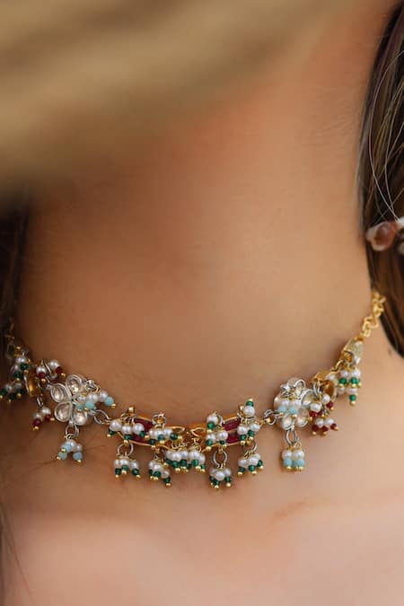 Do Taara Multi Color Kundan And Pearl Embellished Choker Necklace Online at Aza Fashions Do Taara_Multi Color Kundan And Pearl Embellished Choker Necklace _Online_at_Aza_Fashions