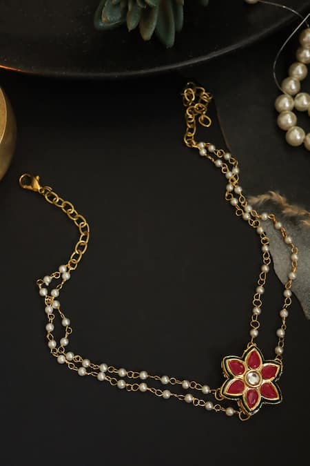 Shop_Do Taara_Red Floral Kundan Choker Necklace _at_Aza_Fashions
