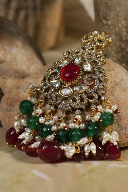 Buy_Amaara Jewels_Red Pearls, Diamonds, Stones Floral Carved Antique Bridal Jewellery Set_Online_at_Aza_Fashions