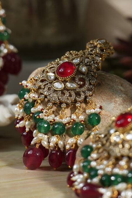 Shop_Amaara Jewels_Red Pearls, Diamonds, Stones Floral Carved Antique Bridal Jewellery Set_Online_at_Aza_Fashions