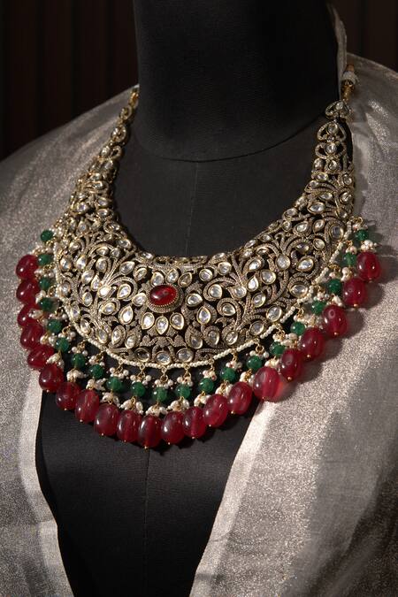 Shop_Amaara Jewels_Red Pearls, Diamonds, Stones Floral Carved Antique Bridal Jewellery Set
