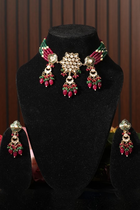 Amaara Jewels Ruby Emerald Floral Bead Choker Set 