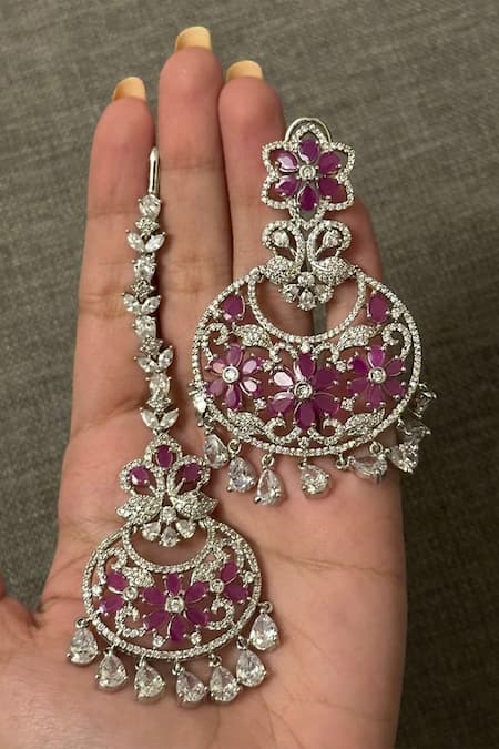 Amaara Jewels Zircon & Ruby Embellished Earrings With Maangtikka 