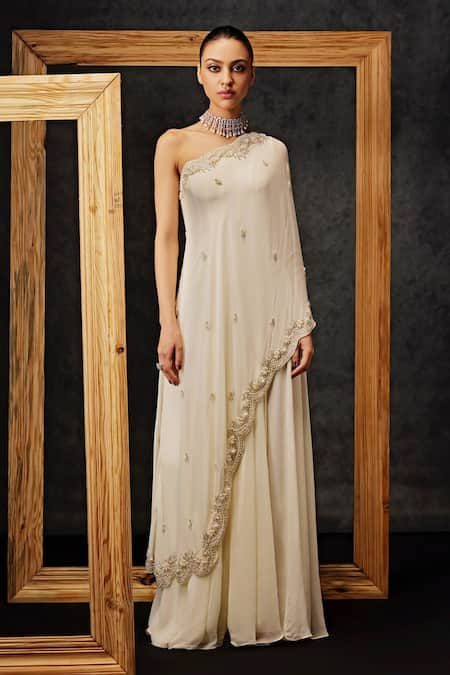 Studio22 by Pulkita Arora Bajaj Off White Georgette Embroidery Pearl Cluster One Shoulder Blissful Jumpsuit 