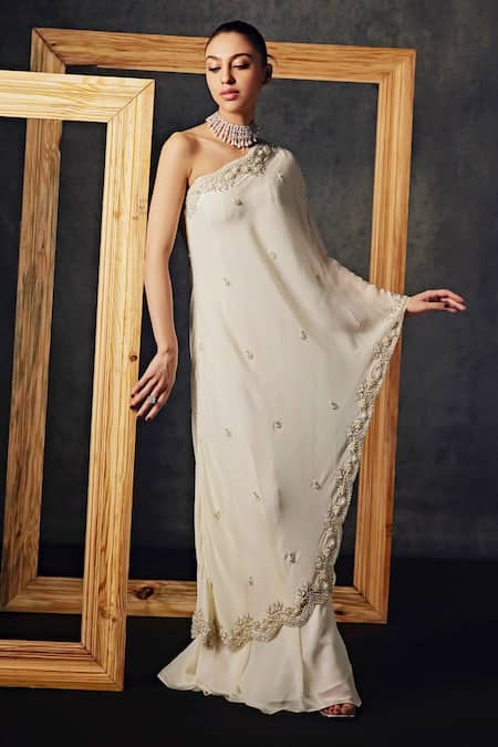 Studio22 By Pulkita Arora Bajaj_Off White Georgette Pearls One Shoulder Blissful Cluster Embroidered Jumpsuit _Online_at_Aza_Fashions