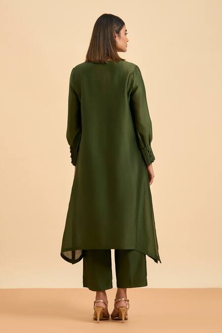 Origani_Green Chanderi Silk, Cotton Applique Split V-neck Blossom Kurta And Pant _Online_at_Aza_Fashions