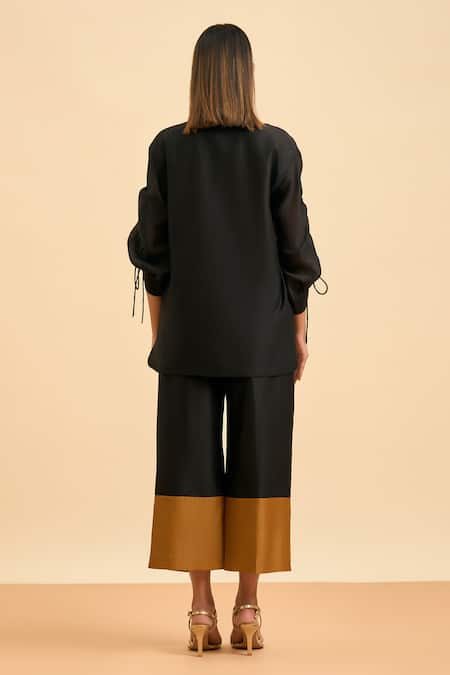 Origani Black Chanderi Silk, Cotton Embroidery Collared Flora High Low Shirt With Pant Online at Aza Fashions Origani_Black Chanderi Silk, Cotton Embroidery Collared Flora High Low Shirt With Pant _Online_at_Aza_Fashions