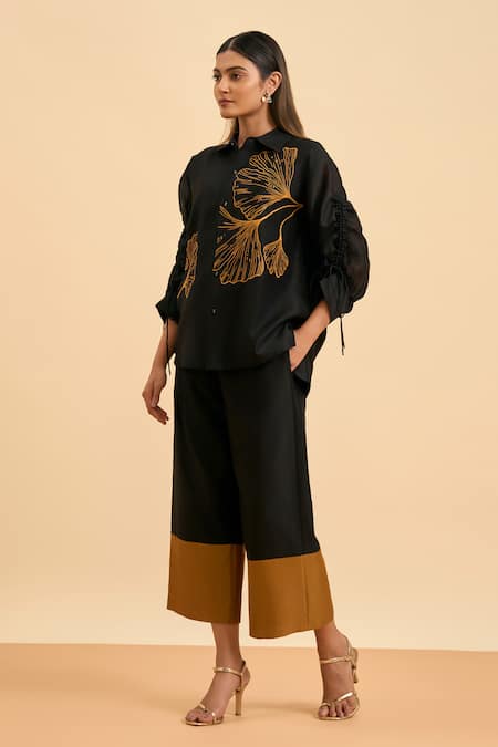 Buy Origani Black Chanderi Silk, Cotton Embroidery Collared Flora High Low Shirt With Pant Online at Aza Fashions Buy_Origani_Black Chanderi Silk, Cotton Embroidery Collared Flora High Low Shirt With Pant _Online_at_Aza_Fashions