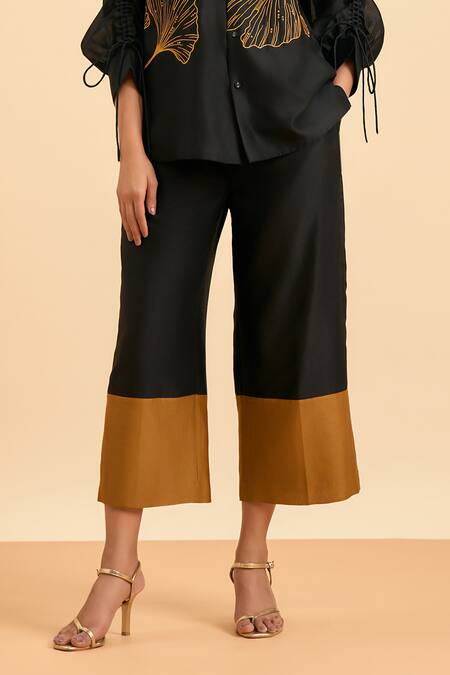 Shop Origani Black Chanderi Silk, Cotton Embroidery Collared Flora High Low Shirt With Pant Online at Aza Fashions Shop_Origani_Black Chanderi Silk, Cotton Embroidery Collared Flora High Low Shirt With Pant _Online_at_Aza_Fashions