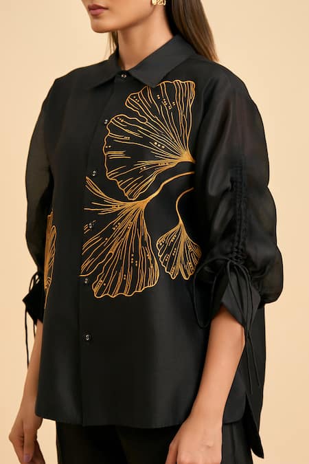 Origani Black Chanderi Silk, Cotton Embroidery Collared Flora High Low Shirt With Pant at Aza Fashions Origani_Black Chanderi Silk, Cotton Embroidery Collared Flora High Low Shirt With Pant _at_Aza_Fashions