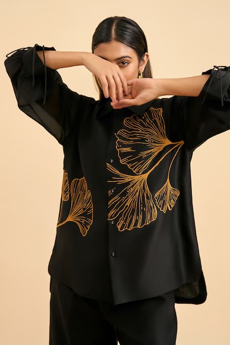 Buy Origani Black Chanderi Silk, Cotton Embroidery Collared Flora High Low Shirt With Pant Buy_Origani_Black Chanderi Silk, Cotton Embroidery Collared Flora High Low Shirt With Pant