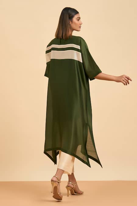 Origani_Green Chanderi Silk, Cotton Applique Boat Neck Florence Kurta Pant Set _Online_at_Aza_Fashions