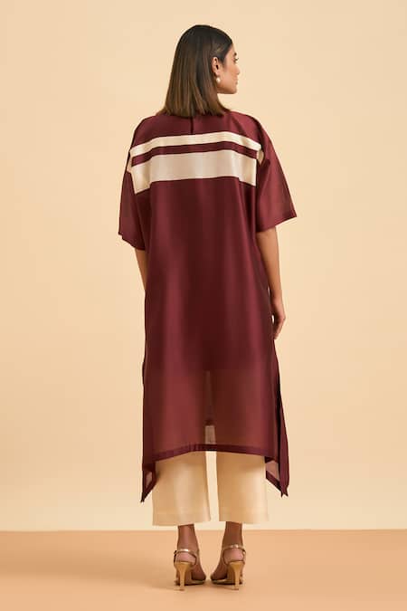 Origani Maroon Chanderi Silk, Cotton Embroidery Boat Neck Floret Applique Kurta Pant Set Online at Aza Fashions Origani_Maroon Chanderi Silk, Cotton Embroidery Boat Neck Floret Applique Kurta Pant Set _Online_at_Aza_Fashions