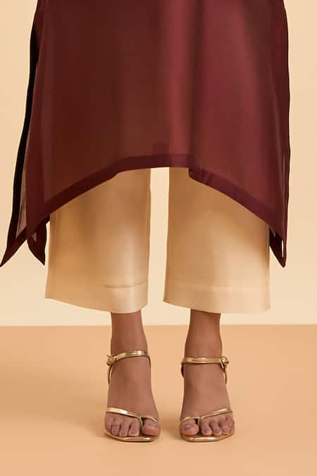 Shop Origani Maroon Chanderi Silk, Cotton Embroidery Boat Neck Floret Applique Kurta Pant Set Online at Aza Fashions Shop_Origani_Maroon Chanderi Silk, Cotton Embroidery Boat Neck Floret Applique Kurta Pant Set _Online_at_Aza_Fashions