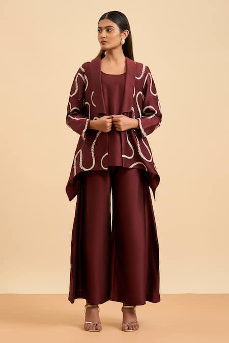 ORIGANI Maroon Chanderi Silk Embroidery Bloom Vine Shawl Collar Jacket And Flared Pant Set 