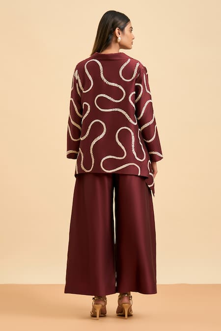 Origani Maroon Chanderi Silk, Cotton Embroidery Bloom Vine Jacket And Flared Pant Set Online at Aza Fashions Origani_Maroon Chanderi Silk, Cotton Embroidery Bloom Vine Jacket And Flared Pant Set _Online_at_Aza_Fashions