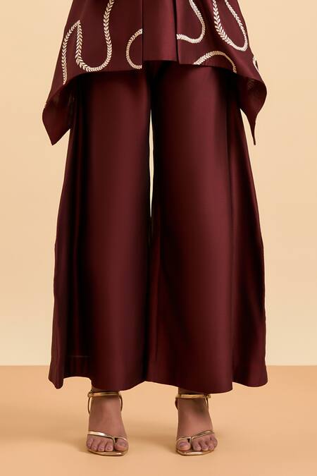 Buy Origani Maroon Chanderi Silk, Cotton Embroidery Bloom Vine Jacket And Flared Pant Set Online at Aza Fashions Buy_Origani_Maroon Chanderi Silk, Cotton Embroidery Bloom Vine Jacket And Flared Pant Set _Online_at_Aza_Fashions