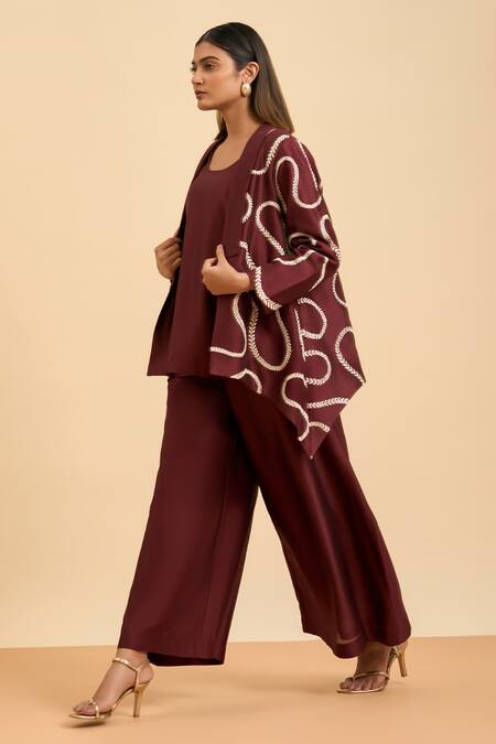 Shop Origani Maroon Chanderi Silk, Cotton Embroidery Bloom Vine Jacket And Flared Pant Set Online at Aza Fashions Shop_Origani_Maroon Chanderi Silk, Cotton Embroidery Bloom Vine Jacket And Flared Pant Set _Online_at_Aza_Fashions