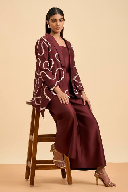 Origani Maroon Chanderi Silk, Cotton Embroidery Bloom Vine Jacket And Flared Pant Set at Aza Fashions Origani_Maroon Chanderi Silk, Cotton Embroidery Bloom Vine Jacket And Flared Pant Set _at_Aza_Fashions