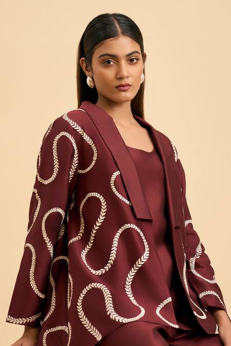 Buy Origani Maroon Chanderi Silk, Cotton Embroidery Bloom Vine Jacket And Flared Pant Set Buy_Origani_Maroon Chanderi Silk, Cotton Embroidery Bloom Vine Jacket And Flared Pant Set