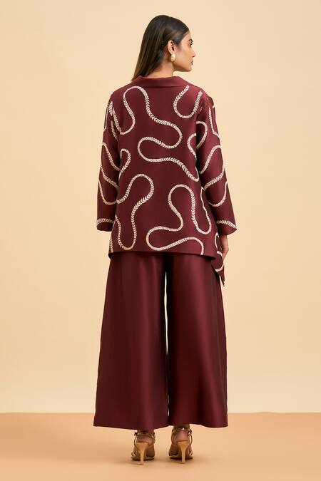 Shop_Origani_Maroon Chanderi Silk Embroidery Bloom Vine Shawl Collar Jacket _at_Aza_Fashions