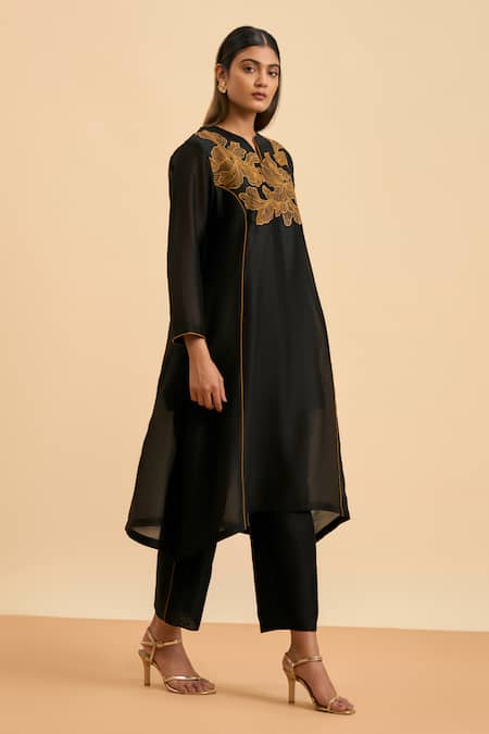 Shop_Origani_Black Chanderi Silk, Cotton Embroidery Mandarin Collar Floral Kurta With Pant _Online_at_Aza_Fashions