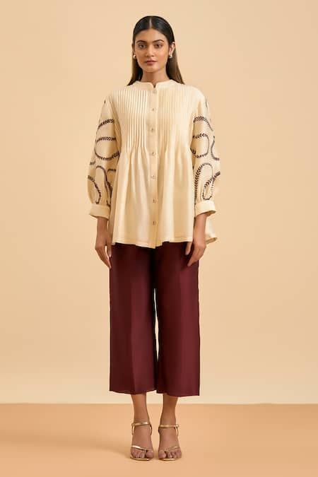 ORIGANI Blossom Vine Embroidered Pintuck Shirt With Pant 