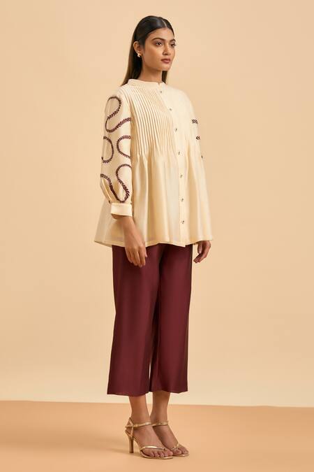Shop Origani Ivory Chanderi Silk, Cotton Embroidery Blossom Vine Pintuck Shirt With Pant Online at Aza Fashions Shop_Origani_Ivory Chanderi Silk, Cotton Embroidery Blossom Vine Pintuck Shirt With Pant _Online_at_Aza_Fashions
