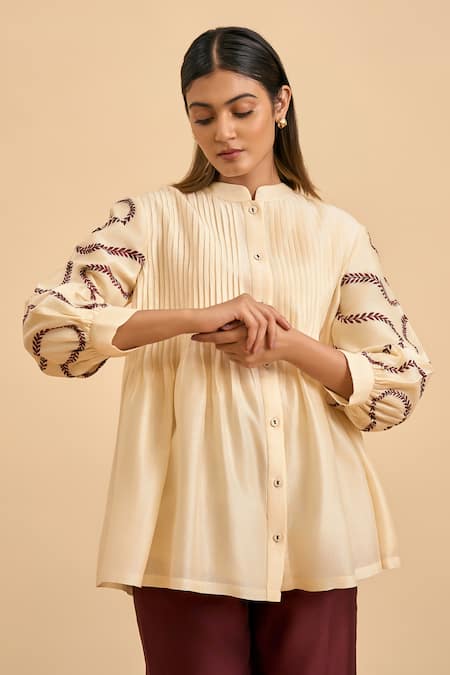 Origani Ivory Chanderi Silk, Cotton Embroidery Blossom Vine Pintuck Shirt With Pant at Aza Fashions Origani_Ivory Chanderi Silk, Cotton Embroidery Blossom Vine Pintuck Shirt With Pant _at_Aza_Fashions