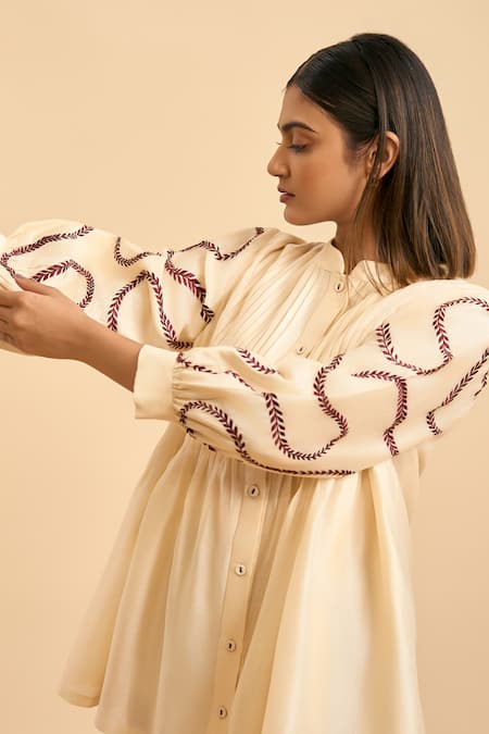 Buy Origani Ivory Chanderi Silk, Cotton Embroidery Blossom Vine Pintuck Shirt With Pant Buy_Origani_Ivory Chanderi Silk, Cotton Embroidery Blossom Vine Pintuck Shirt With Pant