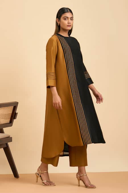 Shop_Origani_Black Chanderi Silk, Cotton Vertical Line Colorblocked Kurta With Pant _Online_at_Aza_Fashions