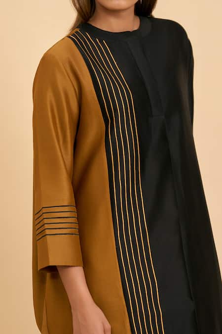 Buy_Origani_Black Chanderi Silk, Cotton Vertical Line Colorblocked Kurta With Pant 