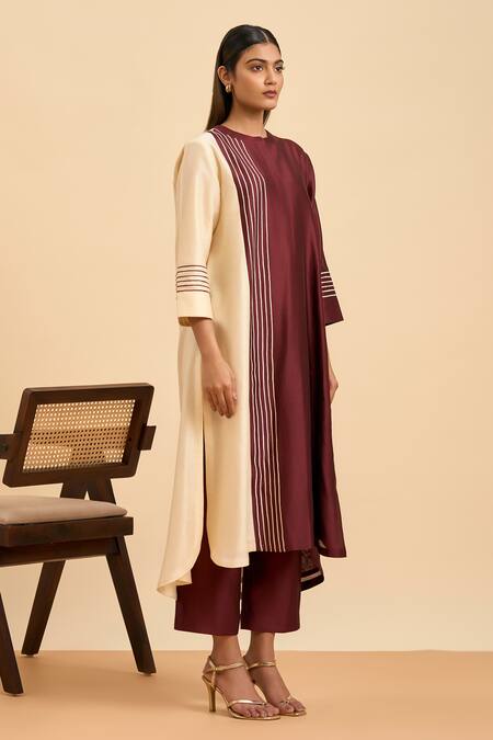 Origani Maroon Chanderi Silk, Vertical Line Colorblocked Kurta With Straight Pant at Aza Fashions Origani_Maroon Chanderi Silk, Vertical Line Colorblocked Kurta With Straight Pant _at_Aza_Fashions