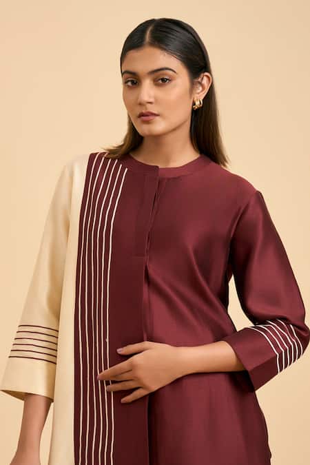 Buy Origani Maroon Chanderi Silk, Vertical Line Colorblocked Kurta With Straight Pant Buy_Origani_Maroon Chanderi Silk, Vertical Line Colorblocked Kurta With Straight Pant