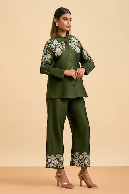 ORIGANI Floral Applique Embroidered Shirt With Pant 