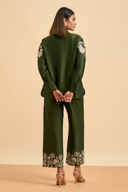 Origani Green Chanderi Silk, Cotton Embroidery Collared Floral Applique Shirt With Pant Online at Aza Fashions Origani_Green Chanderi Silk, Cotton Embroidery Collared Floral Applique Shirt With Pant _Online_at_Aza_Fashions