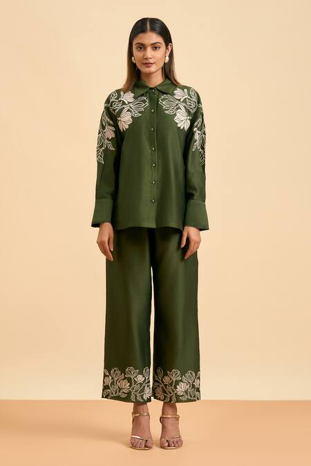 Buy Origani Green Chanderi Silk, Cotton Embroidery Collared Floral Applique Shirt With Pant Online at Aza Fashions Buy_Origani_Green Chanderi Silk, Cotton Embroidery Collared Floral Applique Shirt With Pant _Online_at_Aza_Fashions