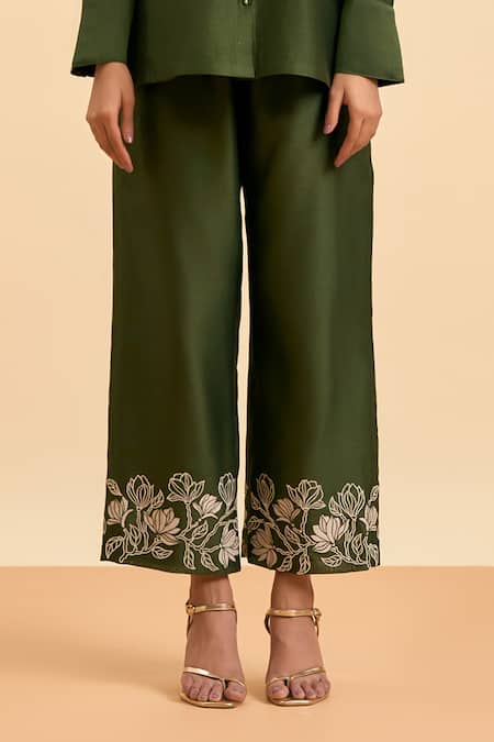 Shop Origani Green Chanderi Silk, Cotton Embroidery Collared Floral Applique Shirt With Pant Online at Aza Fashions Shop_Origani_Green Chanderi Silk, Cotton Embroidery Collared Floral Applique Shirt With Pant _Online_at_Aza_Fashions