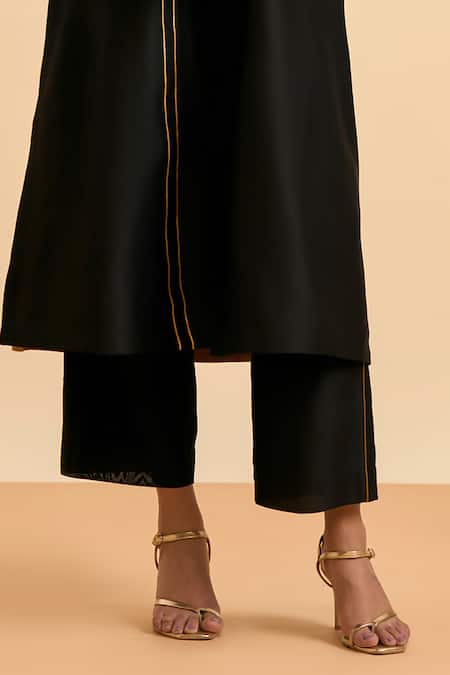 Shop_Origani_Black Chanderi Silk, Cotton Embroidery Round Bloom Applique Kurta With Pant _Online_at_Aza_Fashions