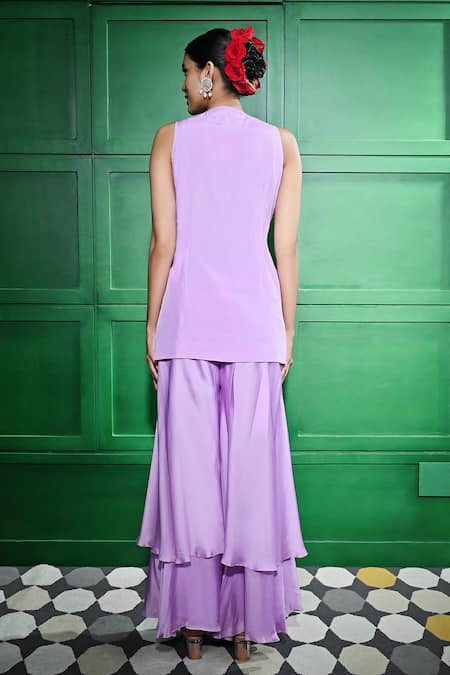 Shop Keith Gomes Purple Silk Organza Pearls, Floral Vine Embroidered Tunic With Layered Palazzo at Aza Fashions Shop_Keith Gomes_Purple Silk Organza Pearls, Floral Vine Embroidered Tunic With Layered Palazzo _at_Aza_Fashions