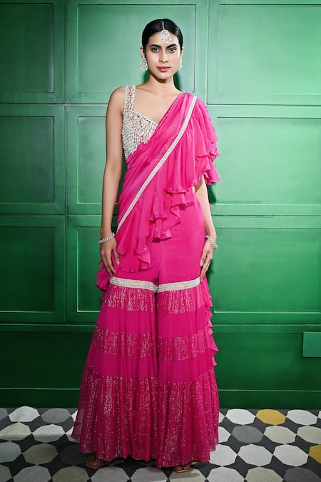 Keith Gomes Tiered Pre-draped Ruffle Gharara Saree With Blouse 