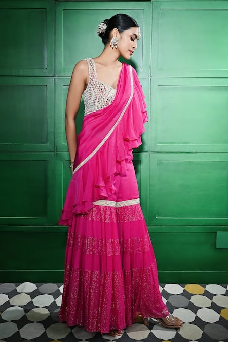 Buy_Keith Gomes_Pink Silk Organza, Chiffon Tiered Pre-draped Ruffle Gharara Saree With Blouse _Online_at_Aza_Fashions