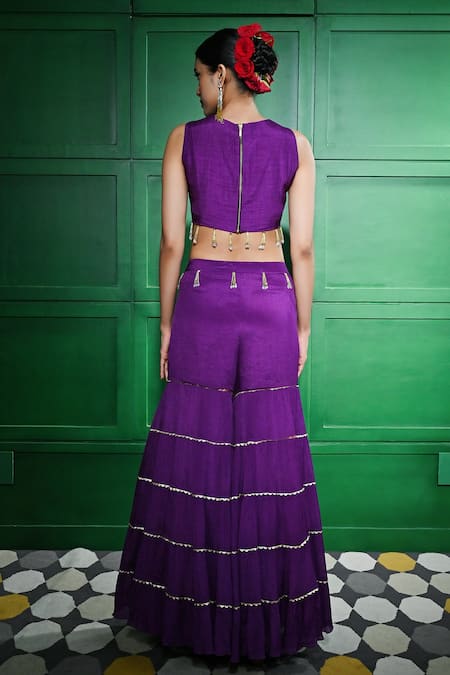 Shop Keith Gomes Purple Chiffon, Crepe Beads, Sequins, Embroidered Cut-out Blouse With Gharara at Aza Fashions Shop_Keith Gomes_Purple Chiffon, Crepe Beads, Sequins, Embroidered Cut-out Blouse With Gharara _at_Aza_Fashions