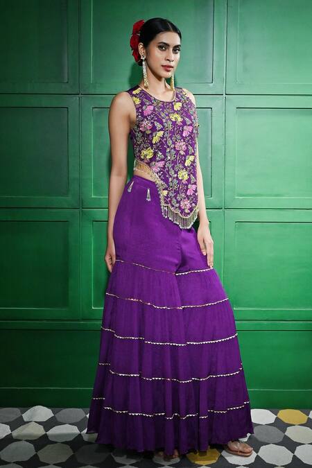 Buy Keith Gomes Purple Chiffon, Crepe Beads, Sequins, Embroidered Cut-out Blouse With Gharara Online at Aza Fashions Buy_Keith Gomes_Purple Chiffon, Crepe Beads, Sequins, Embroidered Cut-out Blouse With Gharara _Online_at_Aza_Fashions