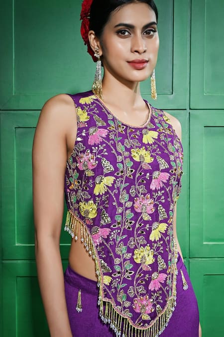 Shop Keith Gomes Purple Chiffon, Crepe Beads, Sequins, Embroidered Cut-out Blouse With Gharara Online at Aza Fashions Shop_Keith Gomes_Purple Chiffon, Crepe Beads, Sequins, Embroidered Cut-out Blouse With Gharara _Online_at_Aza_Fashions