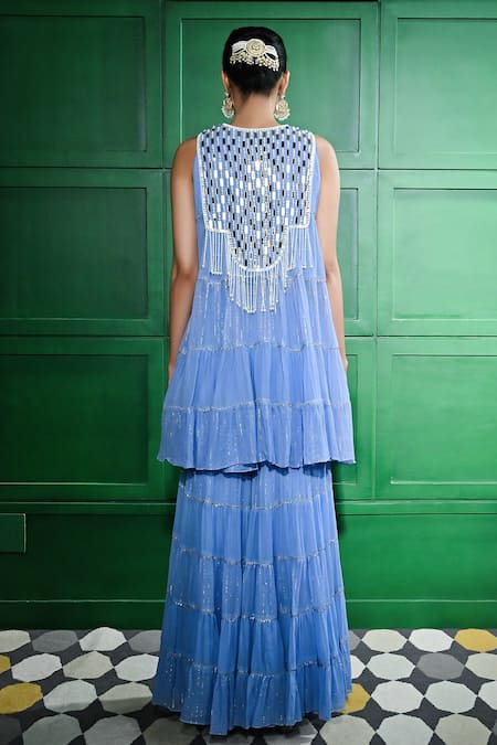 Shop_Keith Gomes_Blue Chiffon, Crepe Embroidery, Pearls, Mirrors Tiered Tunic And Gharara Set _at_Aza_Fashions