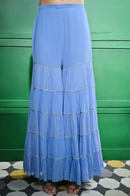 Buy_Keith Gomes_Blue Chiffon, Crepe Embroidery, Pearls, Mirrors Tiered Tunic And Gharara Set _Online_at_Aza_Fashions