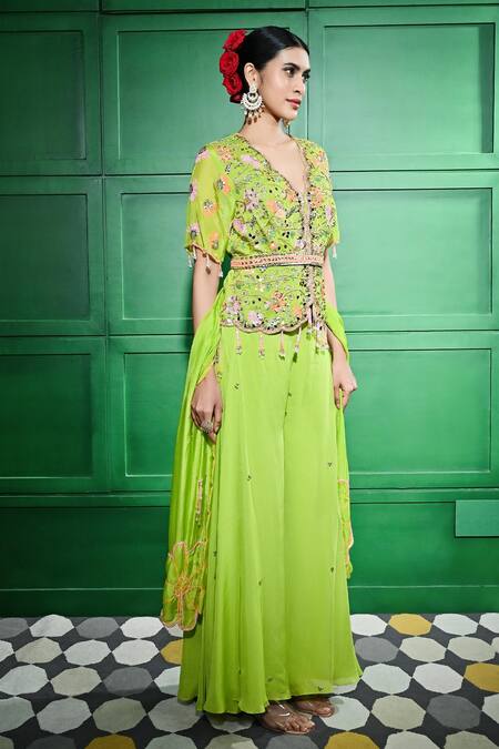 Keith Gomes Green Silk Organza Crystals, Sequins, Beads Embroidered Peplum Kurta Sharara Set Online at Aza Fashions Keith Gomes_Green Silk Organza Crystals, Sequins, Beads Embroidered Peplum Kurta Sharara Set _Online_at_Aza_Fashions