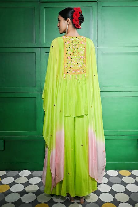 Shop Keith Gomes Green Silk Organza Beads, Mirrors Embroidered Asymmetric Tunic With Palazzo at Aza Fashions Shop_Keith Gomes_Green Silk Organza Beads, Mirrors Embroidered Asymmetric Tunic With Palazzo _at_Aza_Fashions